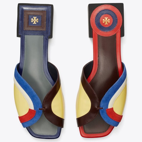 Tory Burch $348 Marquetry Slide Sandals Blue Red Brown 6 6.5 10 - Picture 1 of 12